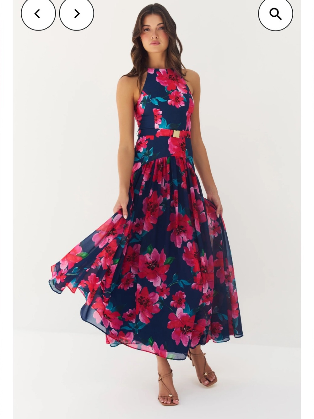 hutch abbey navy blue & pink floral print sleevless belted maxi sun dress small
